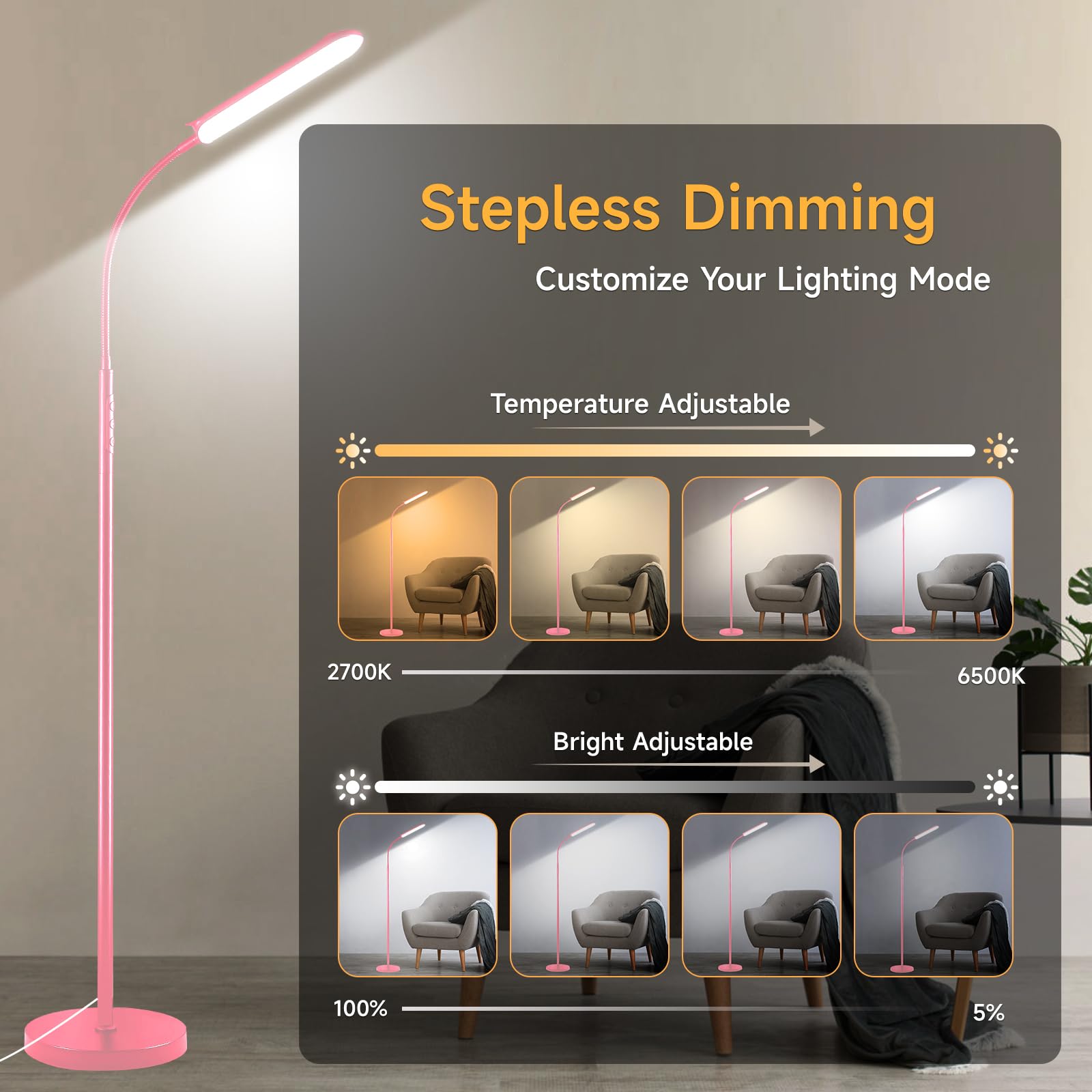 marctronic Rosa Lampada da Terra LED 18W 1800LM Dimmerabile Luminoso Lettura Piantana con 4 temperatura di Colore,Telecomando Magnetico, Collo D'oca Flessibili a 360°,Timer 1H, per Soggiorno Letto