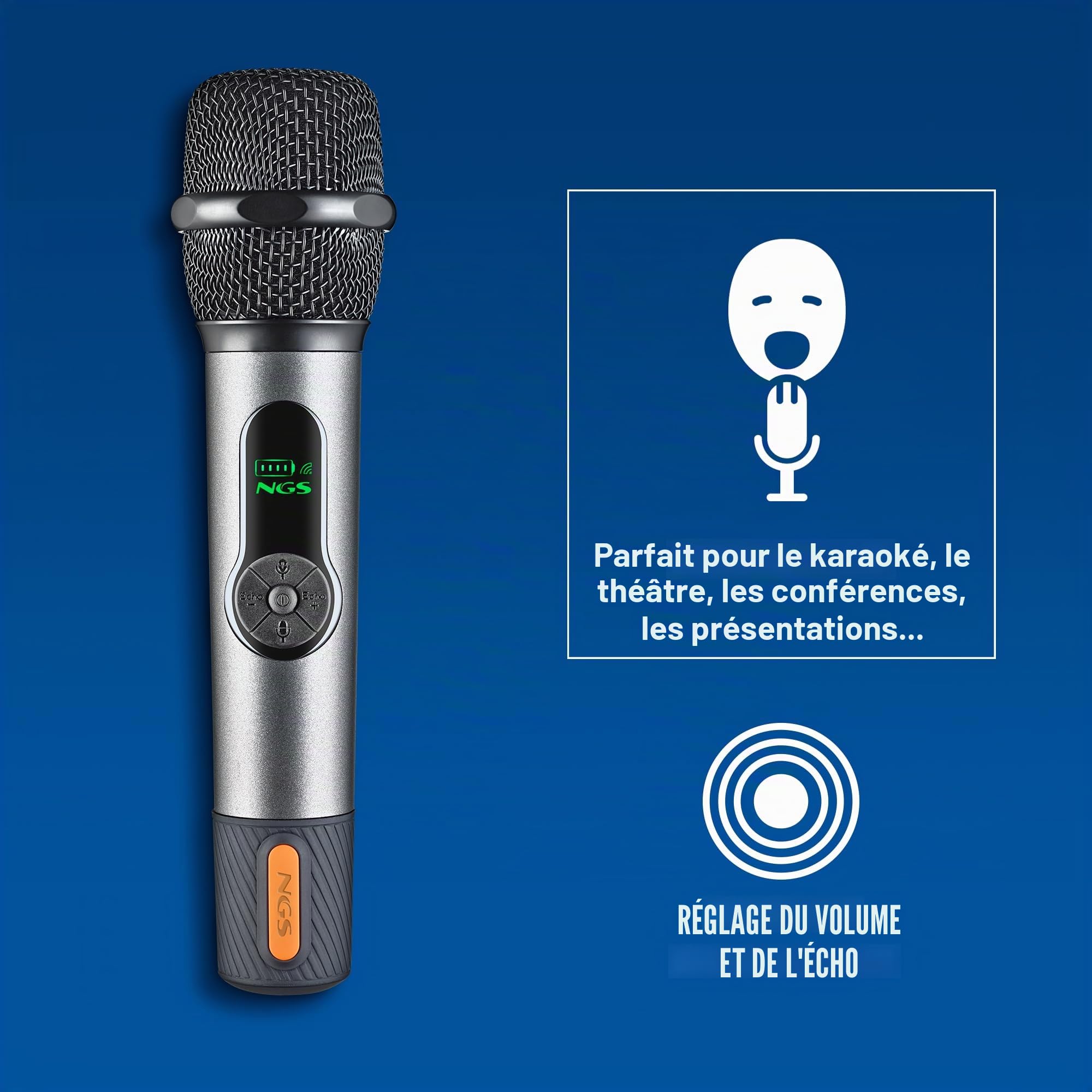 NGS Singer Star - Micro sans Fil Dynamique 2,4 GHz, autonomie, contrôle du Volume et de l’écho 30 h, indicateur de Batterie, Prises Jack 3,5 mm et 6,3 mm, karaoké et événements idéaux