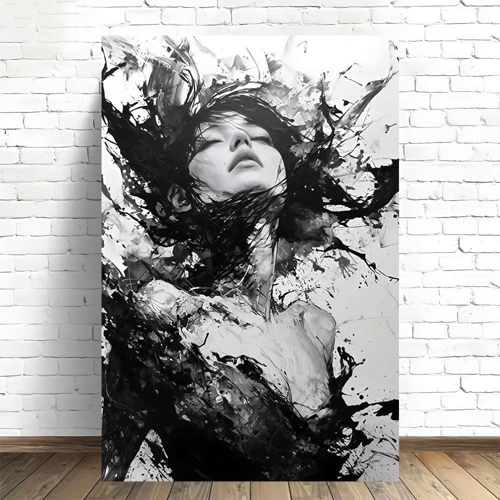 SPXLUCAU Black And White Ink Splash Portrait Of Woman with Flying Hair, for Home and Office Wall Art Decor(35x45cm/No frame)
