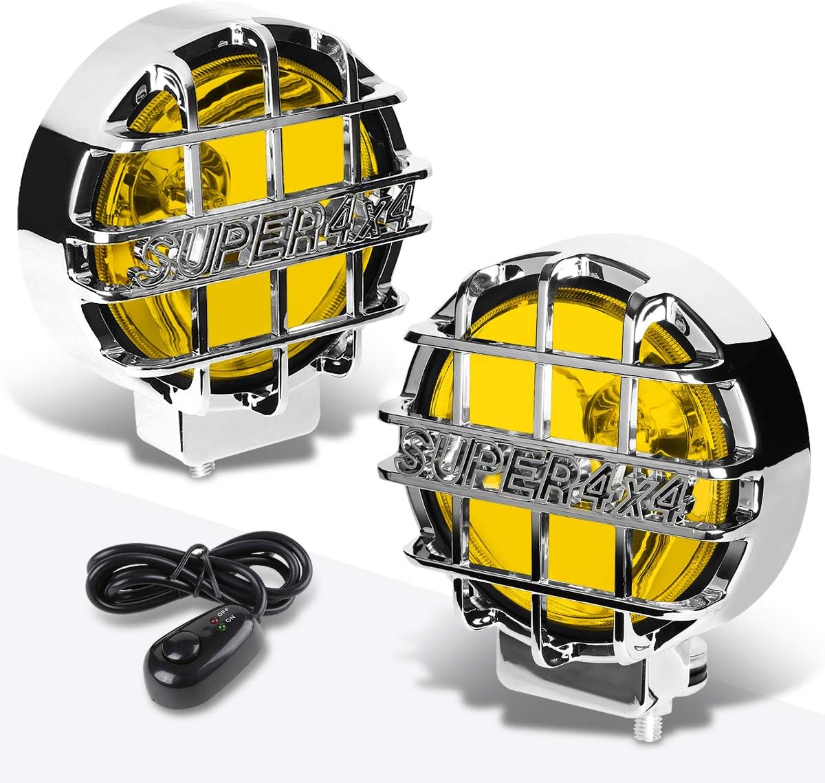 PM PERFORMOTOR Universal 6" Round Fog Lights w/Super 4X4 Protective Stone Guard+Switch,Chrome Housing/Amber Lens