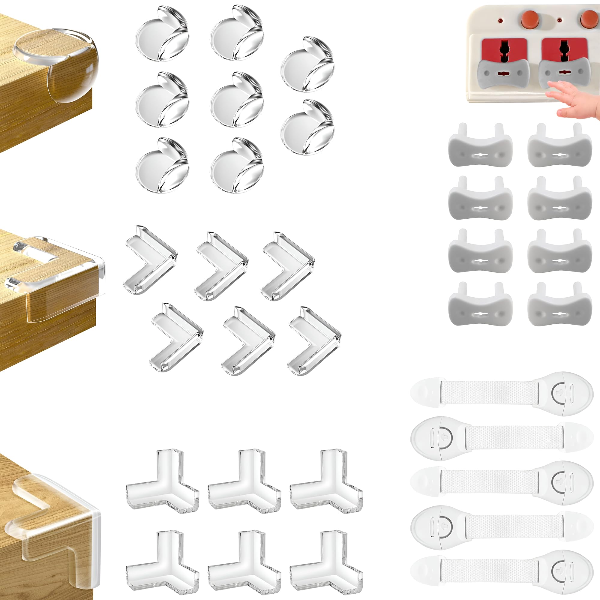 Lot de 33 kits de sécurité pour enfants pour la maison - Comprend 20 protections d'angle, 5 fermetures d'armoires, tiroirs et portes, et 8 protections de prises.