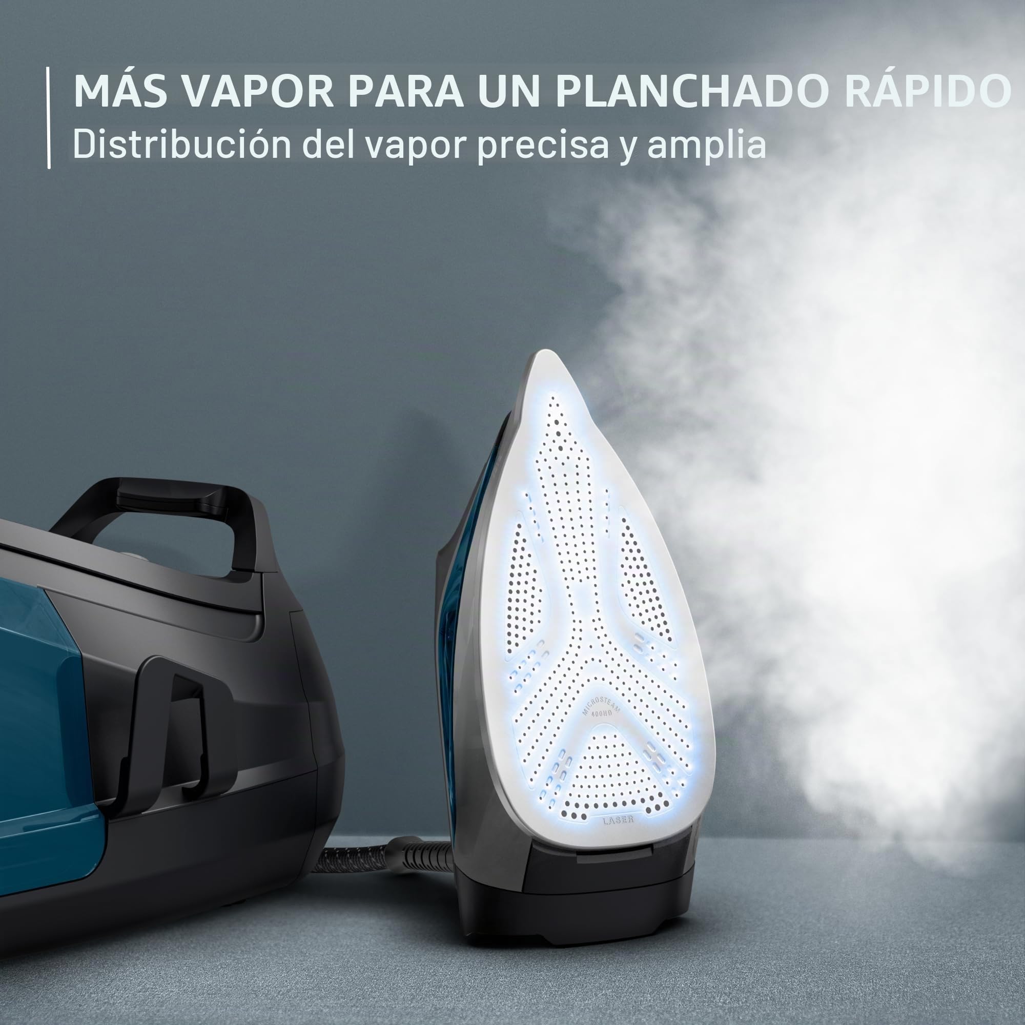 Rowenta, Plancha, base de acero inoxidable profesional para ropa, tanque extraíble de 1,1 L, calentamiento rápido, 1800 vatios, plancha azul para ropa, DG8624