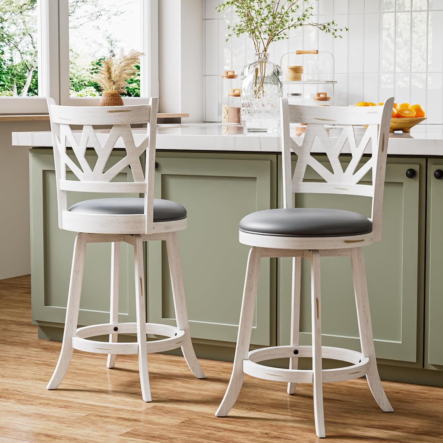 Swivel Bar Stools Set of 2, Farmhouse 24" Counter Height Barstools with Backs, Lotus Pattern Carved Bar Chair with Solid Wood Legs & Footrest for Kitchen Island, Home Bar, Pub (White, 24")