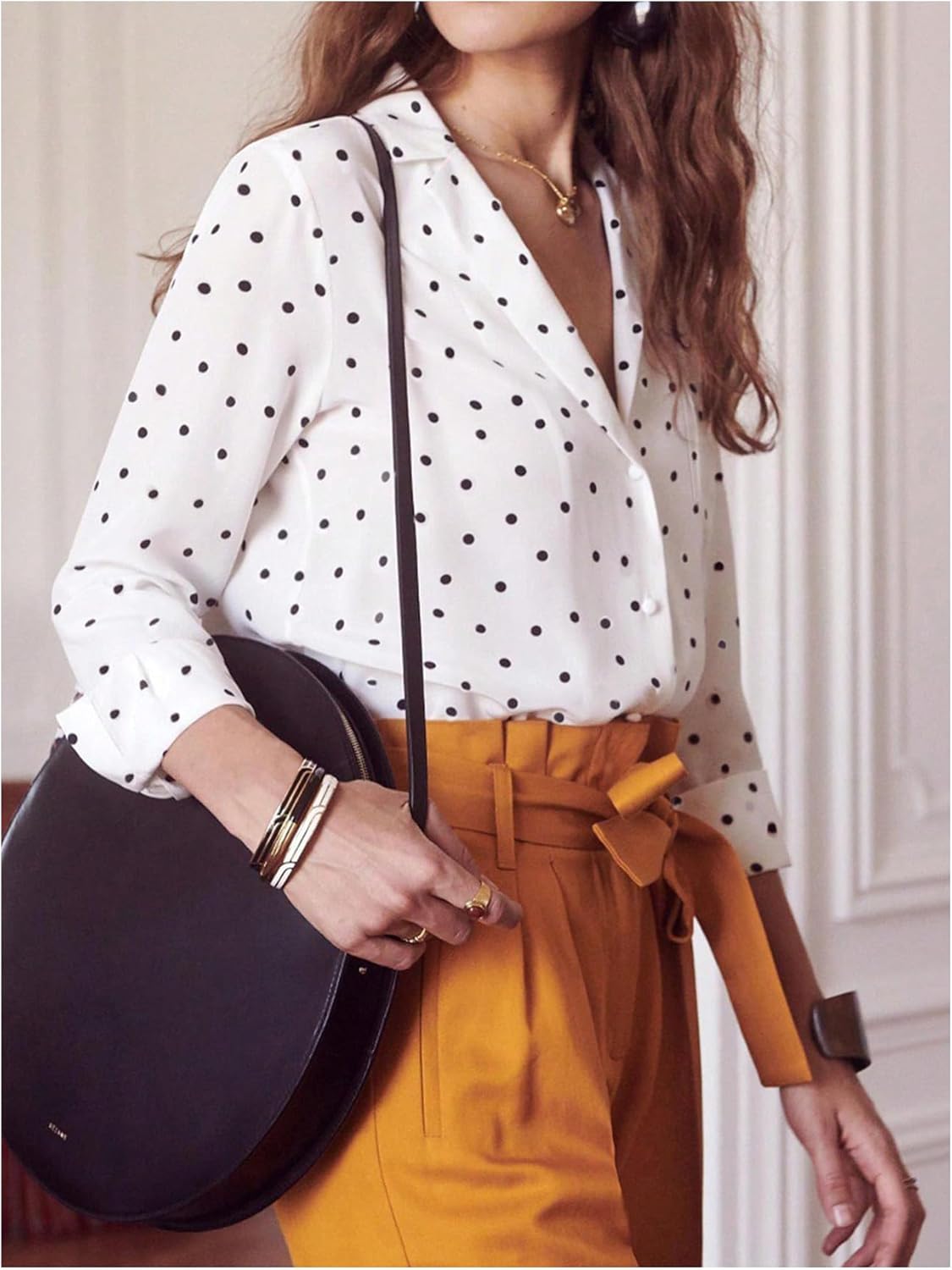 Verdusa Women's Polka Dots Button Down Blouse Long Sleeve Collar V Neck Work Office Dressy Shirts - Image 3