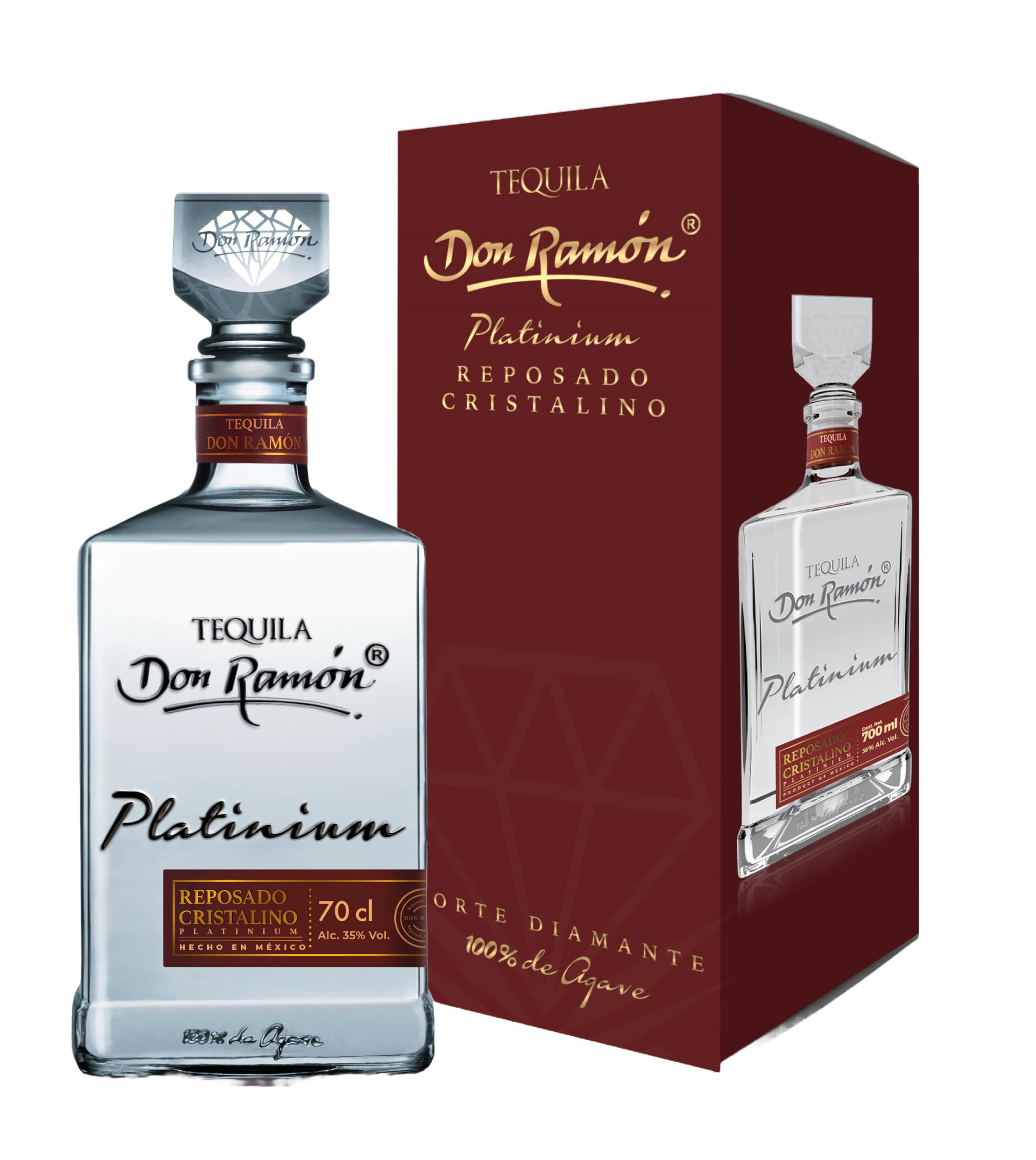 Don Ramón - Tequila Platinium Reposado Cristalino 100% Agave Azul - Botella 700 ml - Doble destilación en barrica roble americano y francés - Notas vainilla y frutos secos