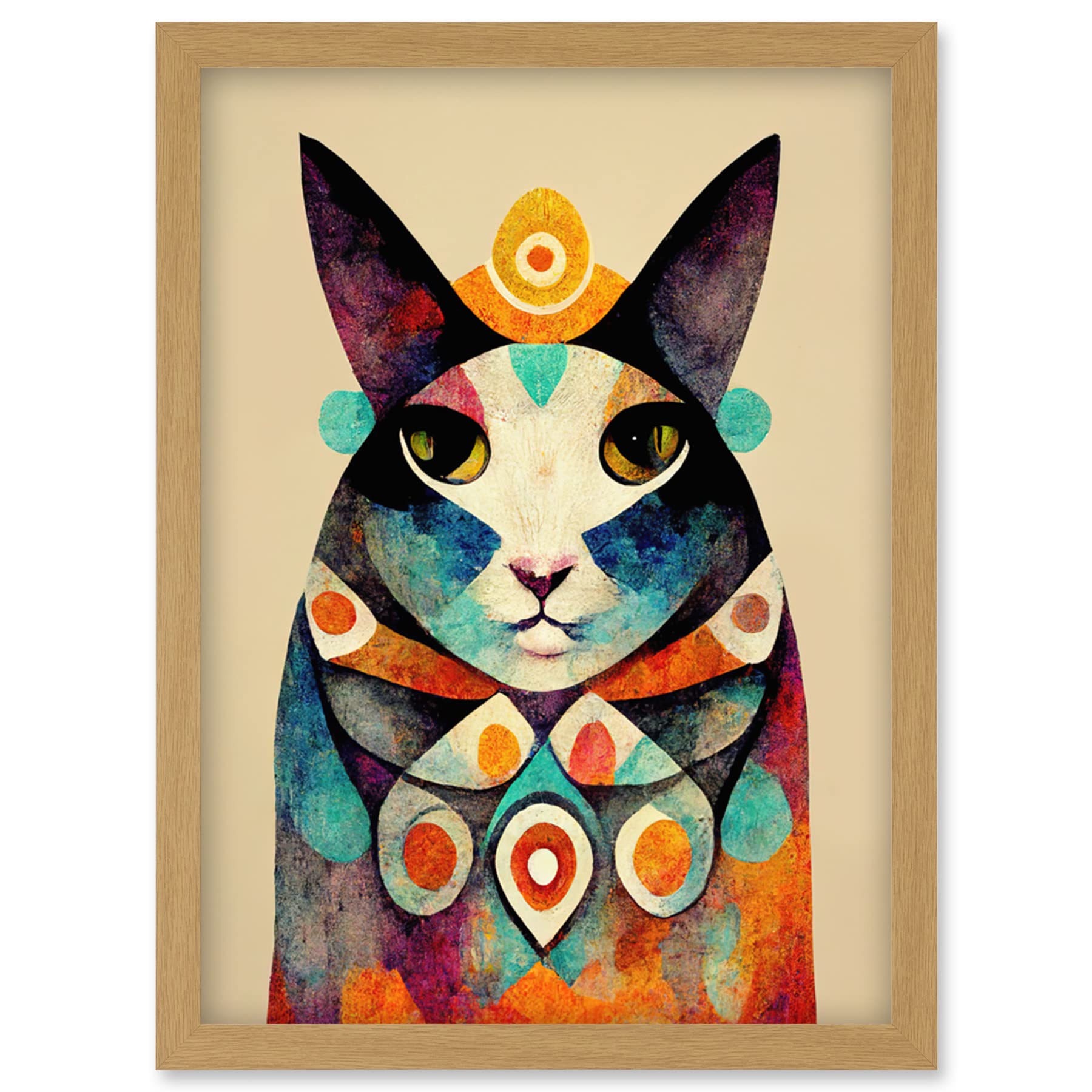 Wee Blue Coo Quirky Boho Abstract Modern Shaman Guru Cat Artwork Framed Wall Art Print A4