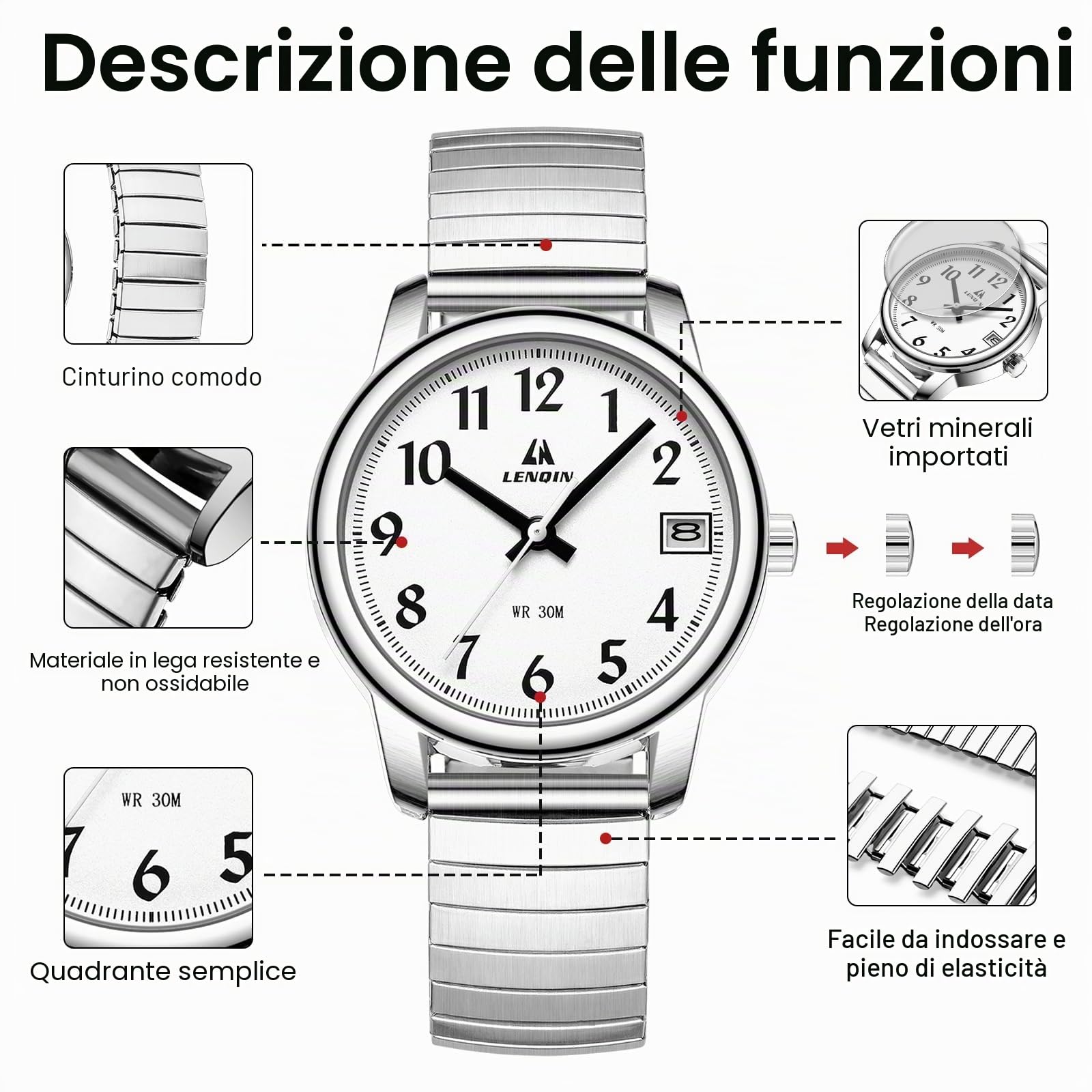 LN LENQIN Orologio da donna Orologi da donna in acciaio inossidabile Orologi impermeabili per donna Orologio da polso analogico al quarzo Cinturino espandibile