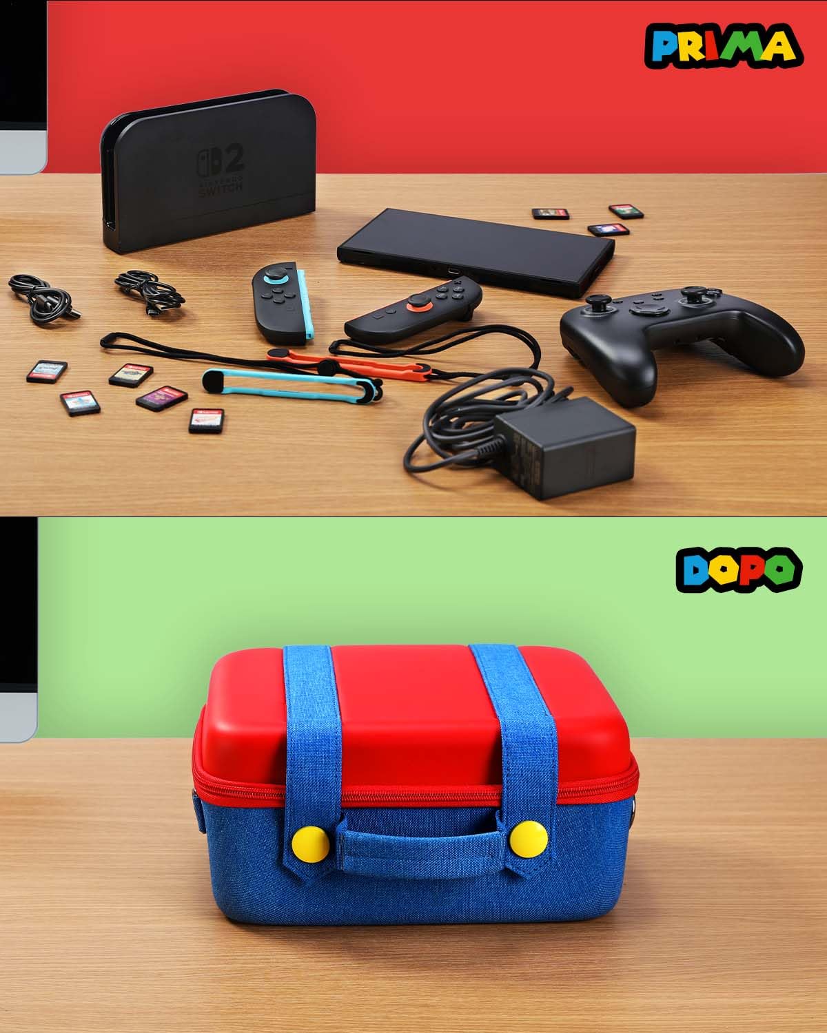 Custodia Protettiva All-in-One Compatibile con Nintendo Switch 2, Custoda da Viaggio Rigida e Portatile, Case di Trasporto per Console Switch 2, Controller Pro, Dock e Accessori, Rosso Blu Grande