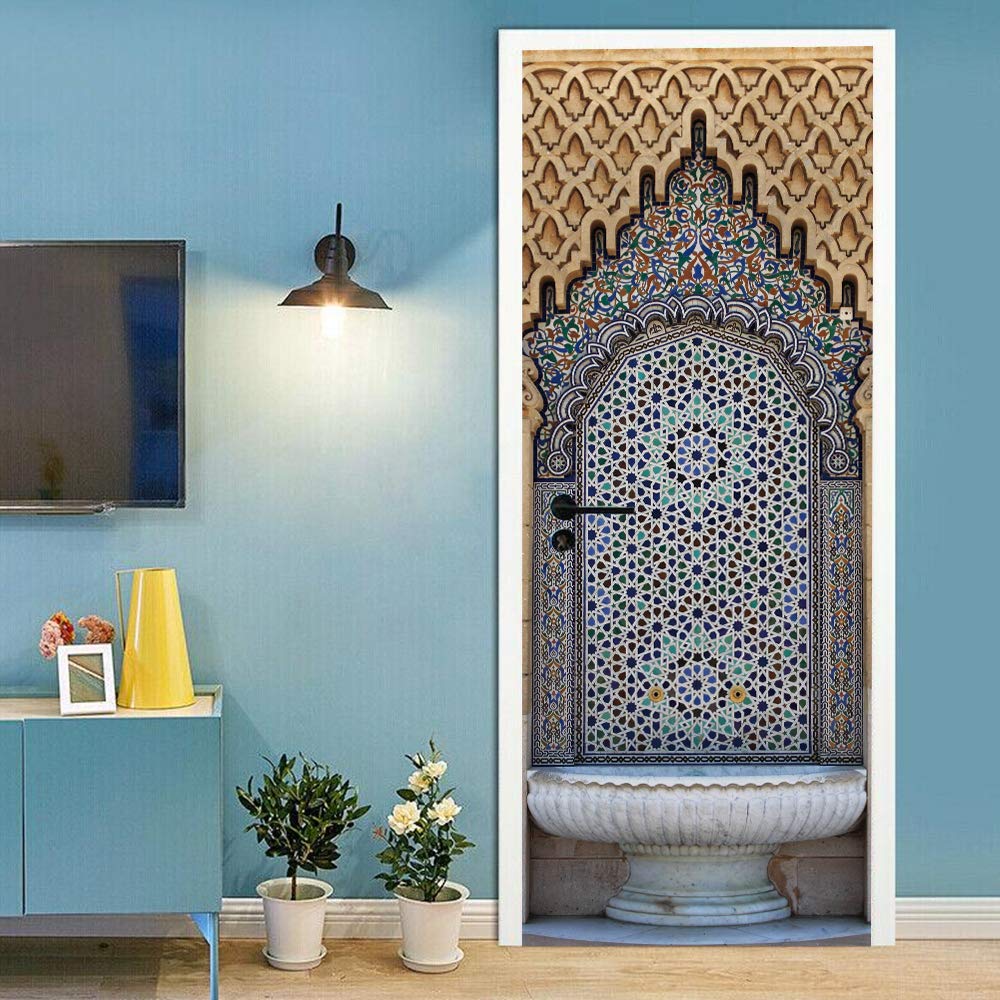 Sticker de porte trompe l'oeil intérieur avec papier peint géométrique amovible 88x200