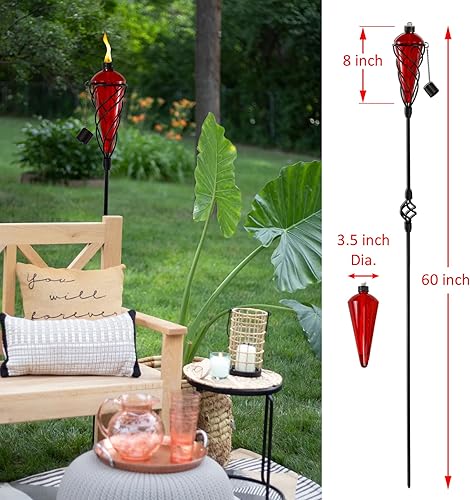 Miniatura 10 de Westcharm Paquete de 4 antorchas de cristal de 60 pulgadas con poste de tierra de metal giratorio, combustible de antorcha de citronela, iluminación
