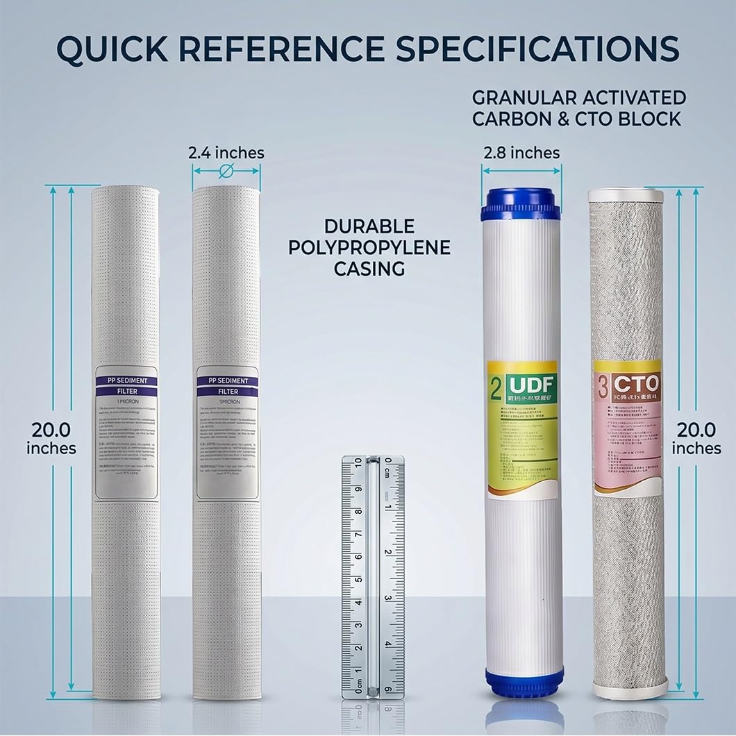 1 kit remplacement de filtre à eau domestique à 3 étapes 20in, composé sédiments PP 1 μm + PP 5 μm + UDF + charbon actif CTO, débit élevé usage résidentiel et commercial