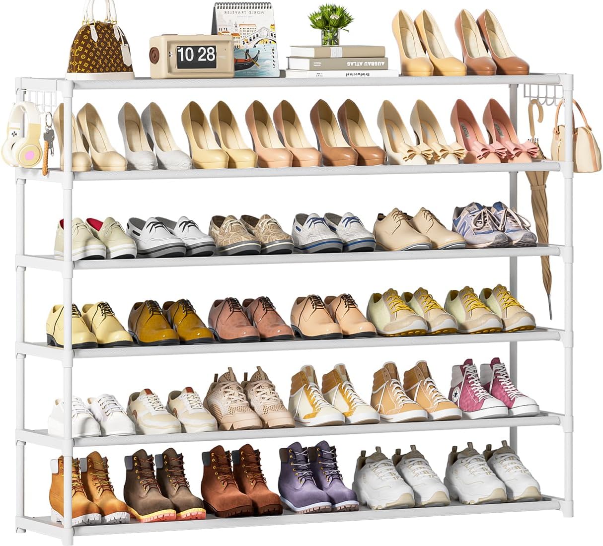 Extra Long Shoe Rack 6 Tier 39Pairs, Shoe Storage Organizer with 2 Hooks, Wide Stackable Shoe Organizer Racks for Closet Entryway,Shoe Shelf Stand Sturdy Durable Shoes Holder, White