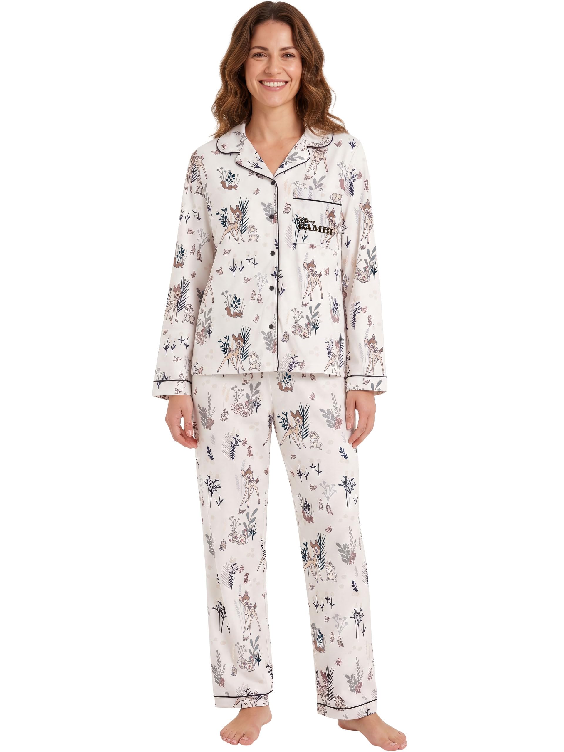 Disney Women's White Bambi Pyjamas, Fleece Pjs, Sizes S To Xxl | Warm And Cosy Fleece, Button Up Pjs, Practical Pocket, Long Sleeve Pyjamas For Size Small To Xxl