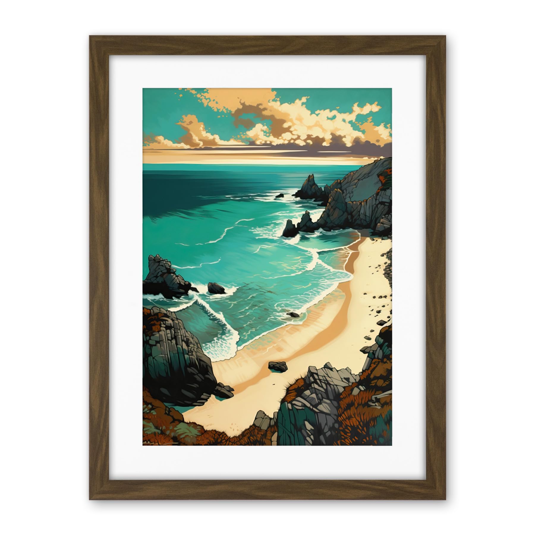 Artery8 Porthcurno Sandy Beach Cliffs Coastal Landscape Artwork Framed Wall Art Print 18X24 Inch