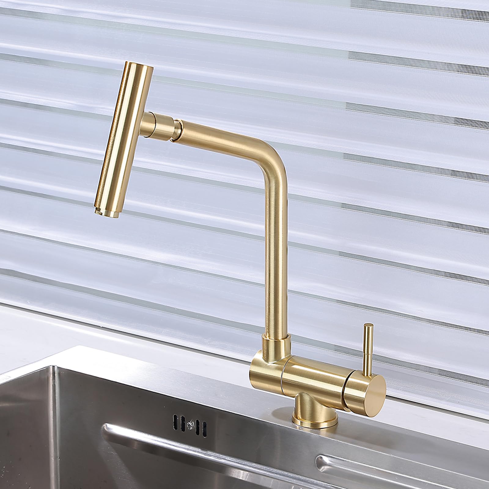 XJTNLB Grifo Cocina Abatible Dorado Cepillado Grifo Monomando Cocina, Mezclador de Fregadero con Caño Flexible