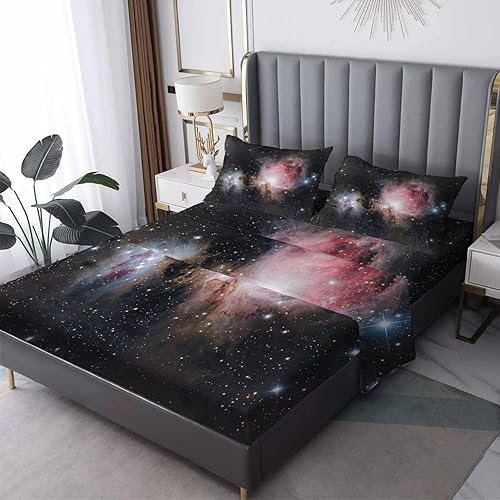 Miniatura 1 de Juego de sábanas de 4 piezas con diseño de fantasía de cielo estrellado, sábanas y fundas de almohada de tamaño Queen, sábana bajera ajustable de