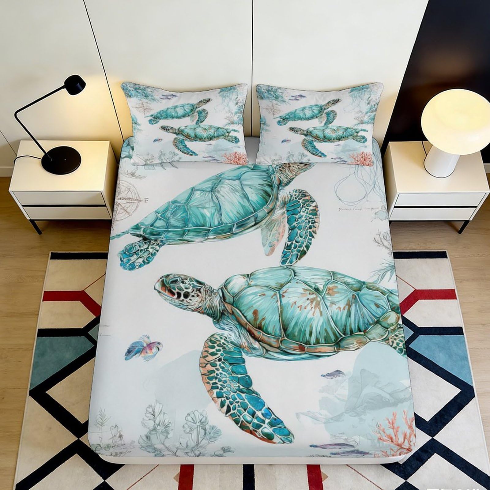 3D Printed Sea Turtle Fitted Sheet Microfiber Soft Bedroom Decor Ocean Coral Mattress Cover for Home Dorm 180x200x25cm