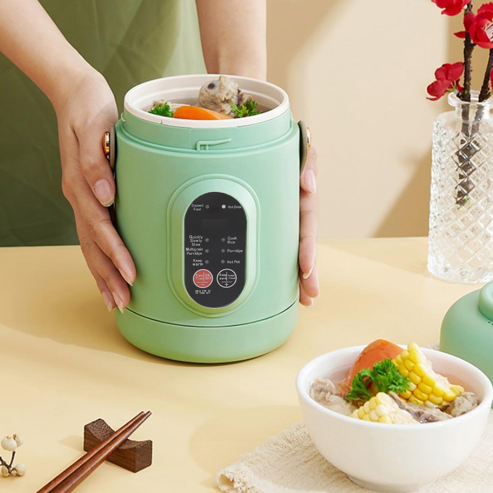 Elektrischer Hot Pot mit Dampfer, 800ML Ramen-Kocher, Non Stick Tragbarer Nudel Kocher für Pasta Suppe Steak Haferflocken, Multifunktion Aler Fauler Topf mit 6 Modi & Timer &