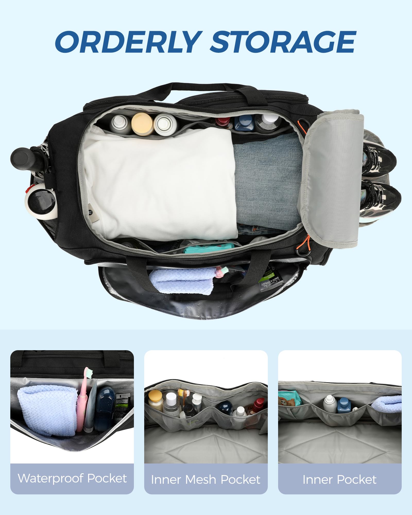 Searock 45L Turnbeutel für Herren, 3-in-1 Seesack Rucksack für Reisen, Sport-Seesack für Fitnessstudio, Wochenend-Übernachtungstasche mit Schuhfach, Nassfach, Schwarz, 22 inch, Fitnessstudio