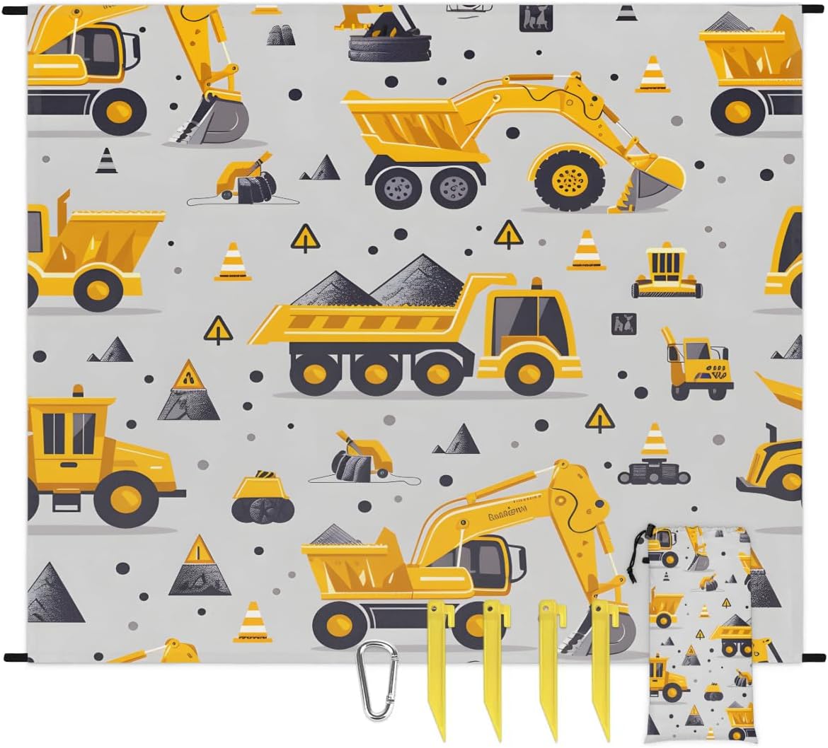 Honeybaby Beach Blanket Waterproof Sandproof Truck Excavator Beach Mat Sand Free 59''×68'' Lightweight Portable Outdoor Blanket for Picnic Camping Travel Hiking