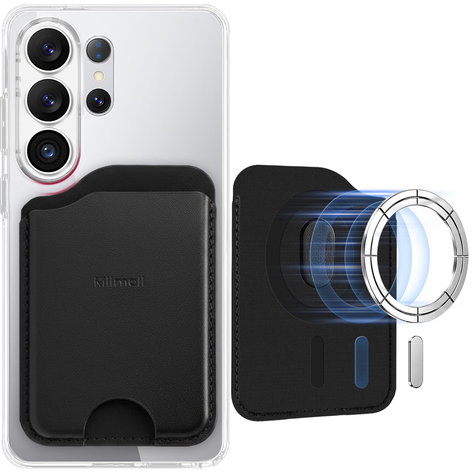 Miimall Porte-Cartes Magnétique pour Samsung Galaxy S26 S25 S24 Ultra/Plus/FE/Z Fold 8 Ultra 7 6 5/A56 Series, Blocage RFID, Accueille 3 Cartes, PU Cuir Élégante et Passe-Partout Mag-Safe Wallet-Noir