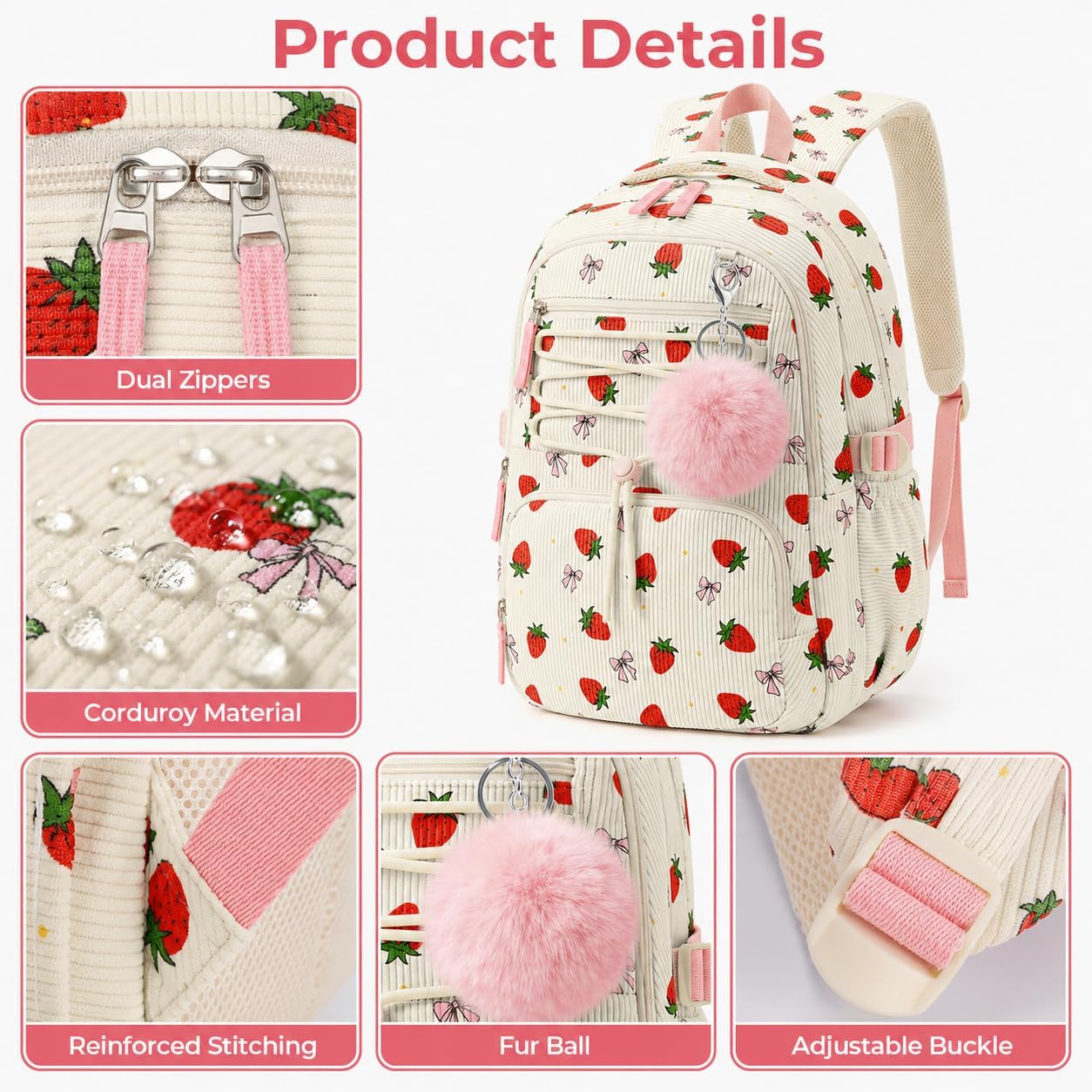 WOBAGMEN Corduroy Backpack for Girl Kids,Cute Aesthetic School Backpack with Multi-Pocket,Lightweight Bookbag Fits 15.6" Laptop,Large Capacity Casual Daypacks for School College,Strawberry Bow image 5