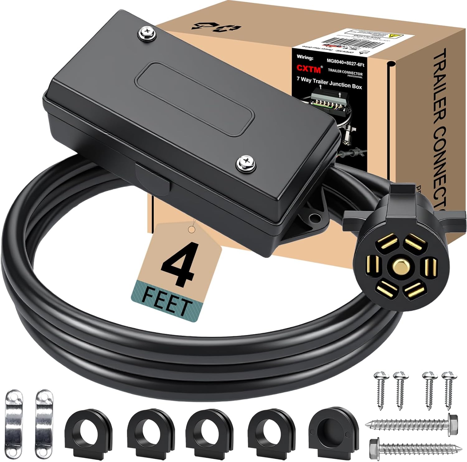 CXTM 7 Pin Trailer Wiring Harness Kit 4ft - Waterproof 7-Way Junction Box, Heavy Duty RV Trailer Cord Pigtail for Campers