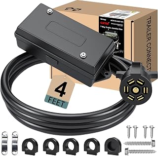 CXTM 7 Pin Trailer Wiring Harness Kit 4ft - Waterproof 7-Way Junction Box, Heavy Duty RV Trailer Cord Pigtail for Campers