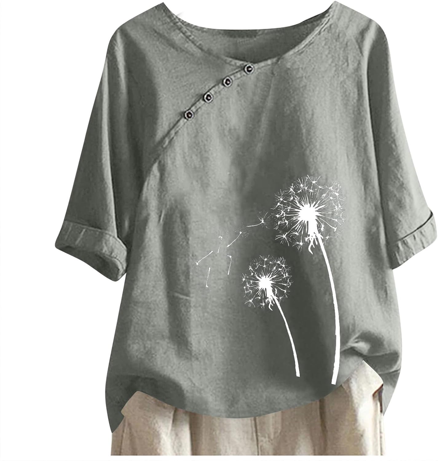 Womens Cotton Tops,Womens Graphic T Shirts Summer Cotton Linen Blouse Short Sleeve Crew Neck Shirt Floral Print Tops with Buttons 2025