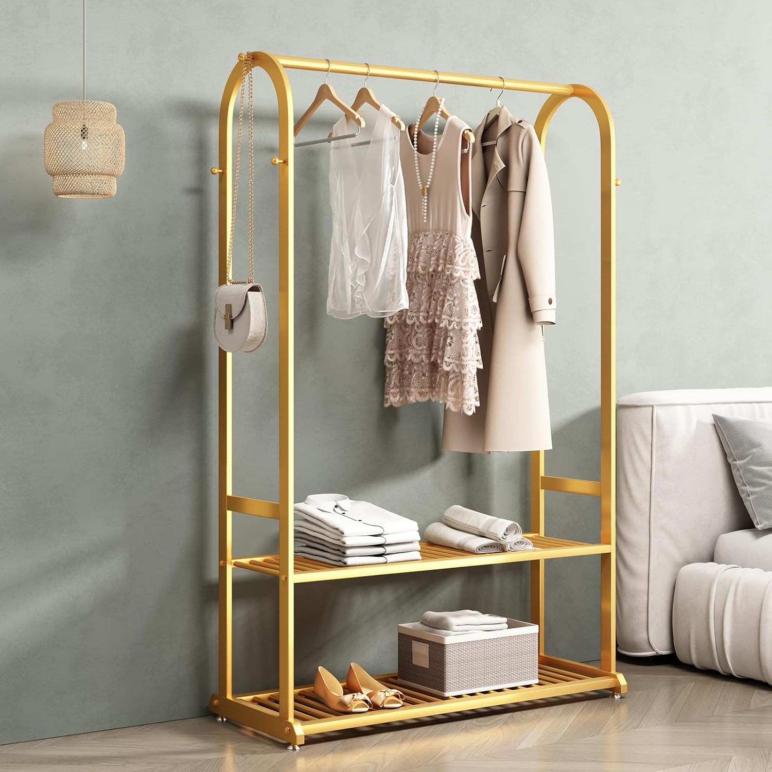 heavy duty clothes rack,clothing rack for hanging clothes,metal garment rack with bottom shelves and side 6 hooks,gold rack for clothes to hang,Wardrobe Rack for Coats,Shirts,Dress(L:39.4IN) L:39.4 gold