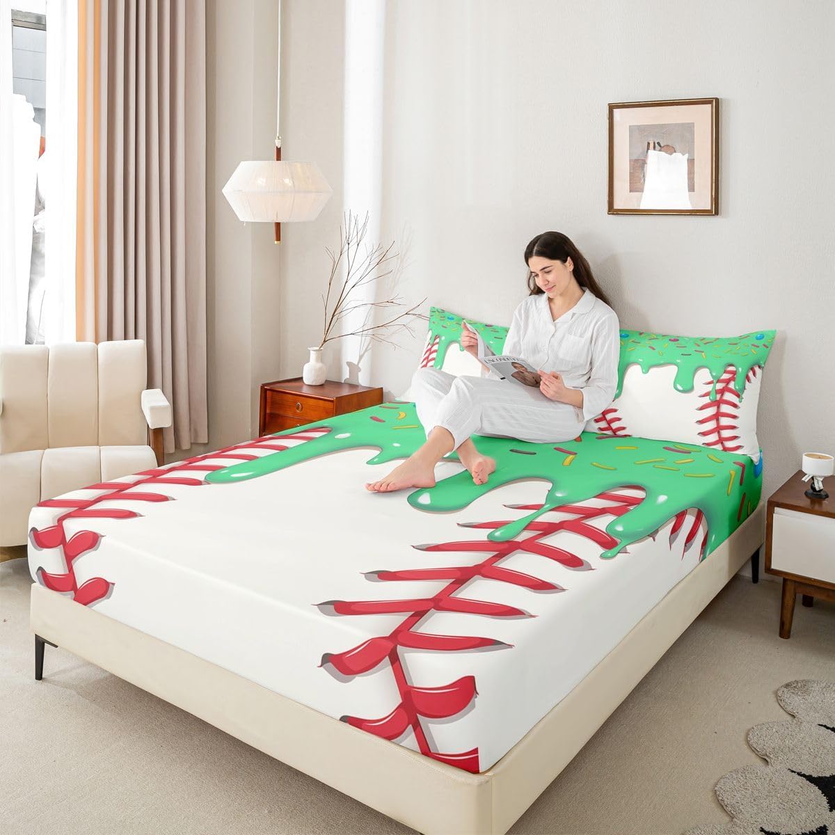 Ice Cream Baseball Fitted Sheet Full Size,Ball Sports Gaming Bedding Set 3Pcs for Teens Women Men Bedroom Decor,Green Ice Cream Drip Dessert Bed Sheets Deep Pocket Sheet,2 Pillowcases image 2
