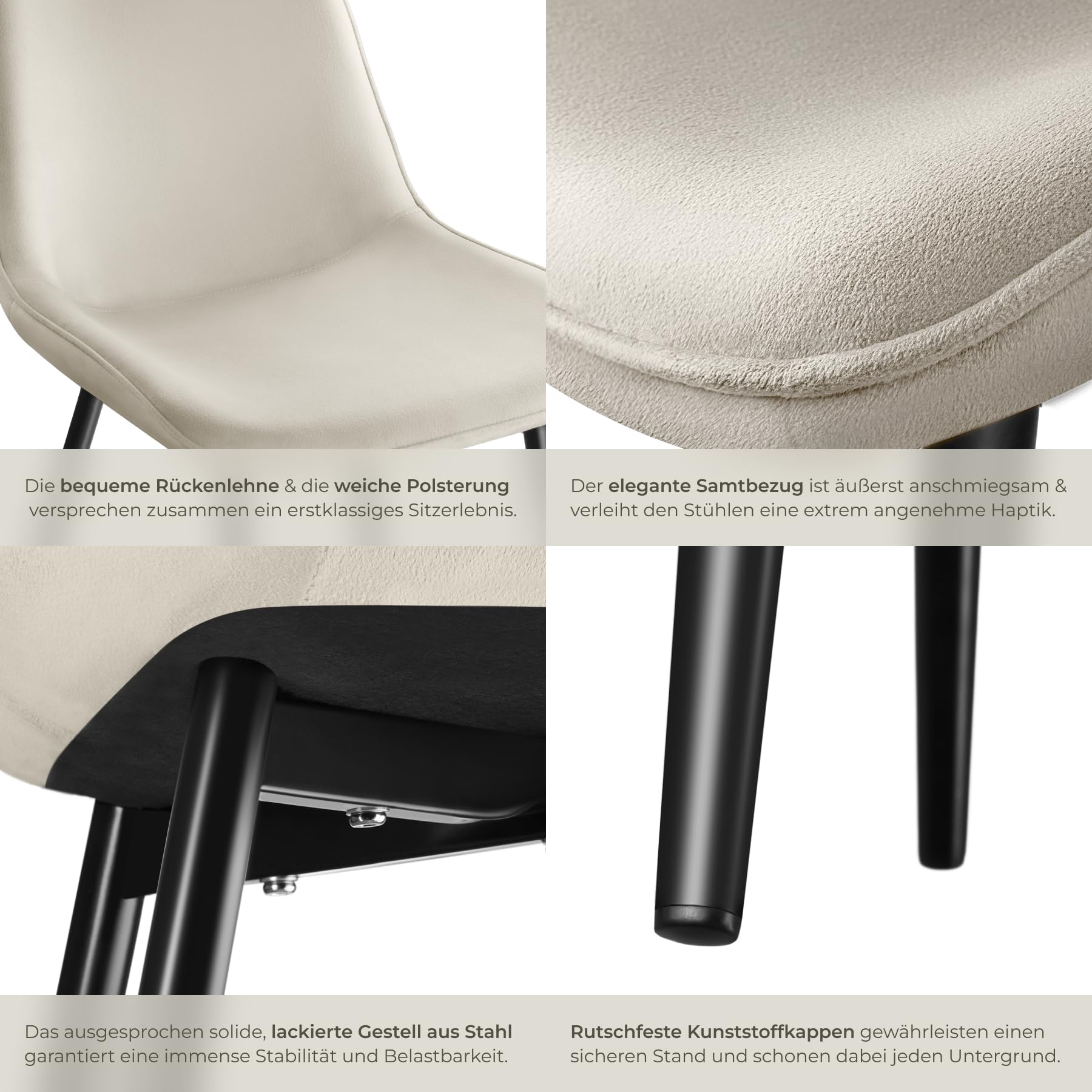 tectake® Esszimmerstühle 4er Set, Samtstoff Stuhl mit Rückenlehne, ergonomische Essstühle, bequemer Küchenstuhl, Esszimmerstuhl, Cocktailsessel für Lounge, Dining, Küchentisch - Creme