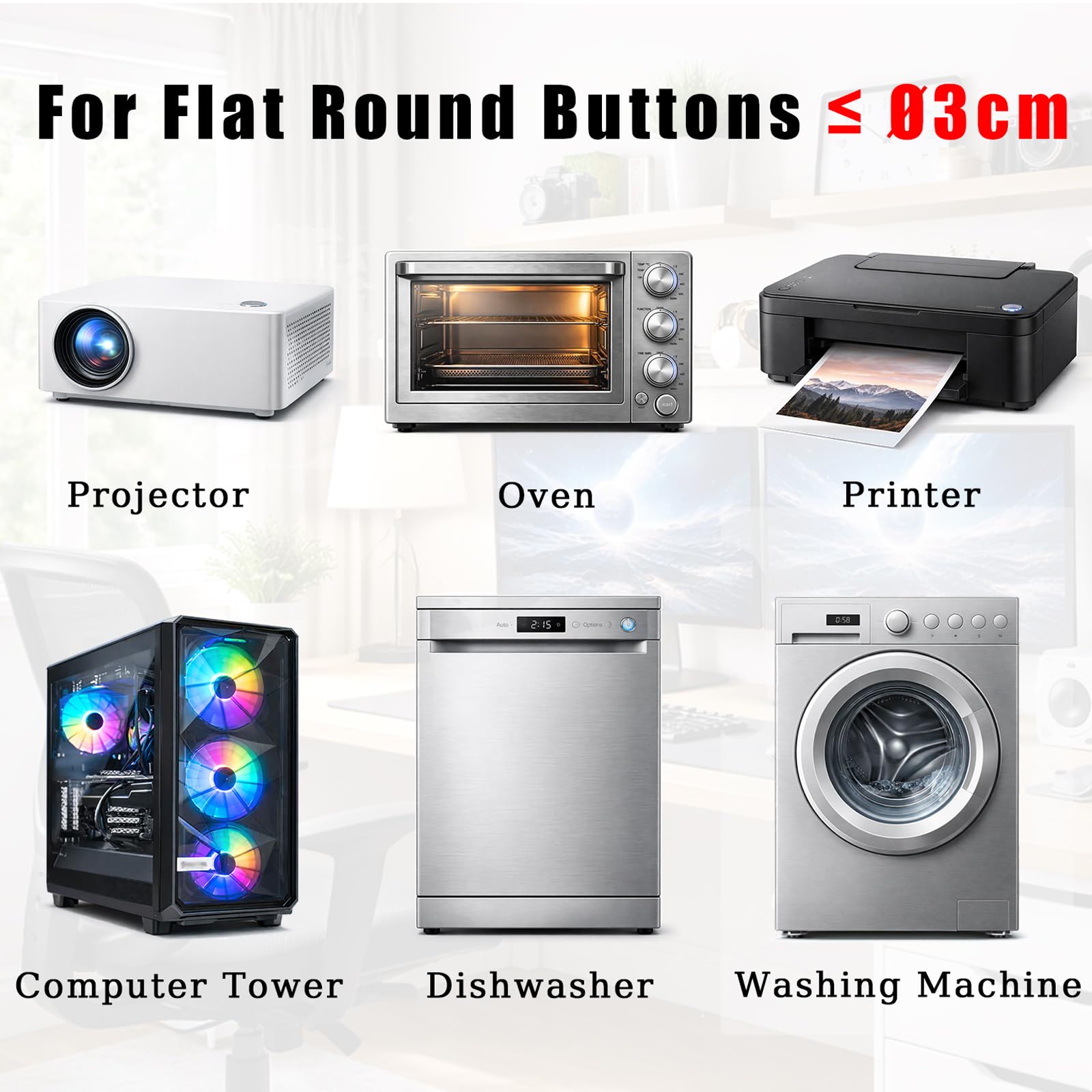Cache Interrupteur Métal Lot de 2 – 360° Rotatif 150° Rabattable – Compatible Boutons Ronds ⌀<3cm – Autocollant sans Trace – PC Lave-Linge