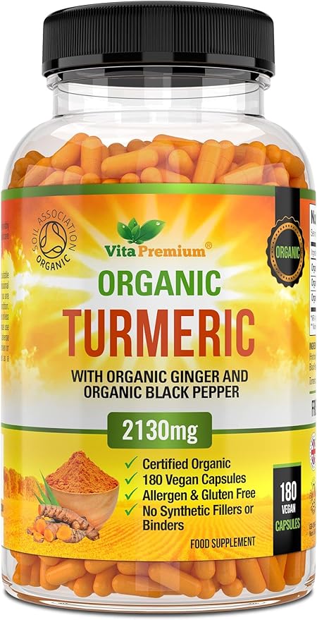 Turmeric and Black Pepper Capsules for Anti-Inflammatory and Joint Pain Relief - 180 Organic Capsules - High Strength Turmeric Curcumin Supplement with Added Black Pepper and Ginger - Made in UK