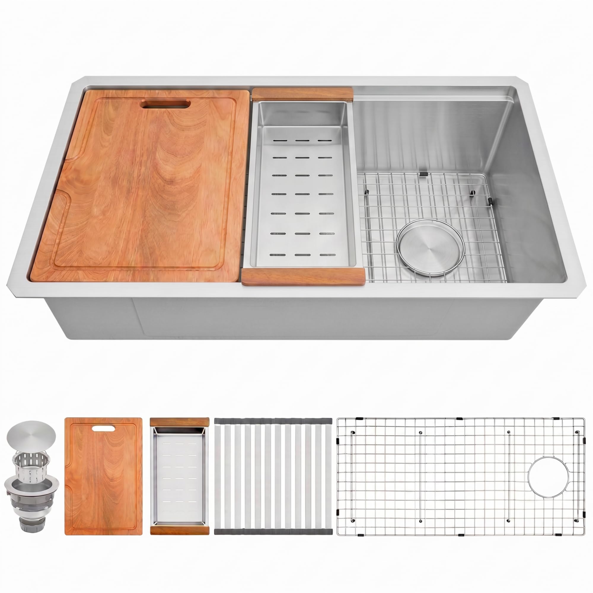 30" X 18" Undermount Kitchen Sink Offset Drain with Workstation