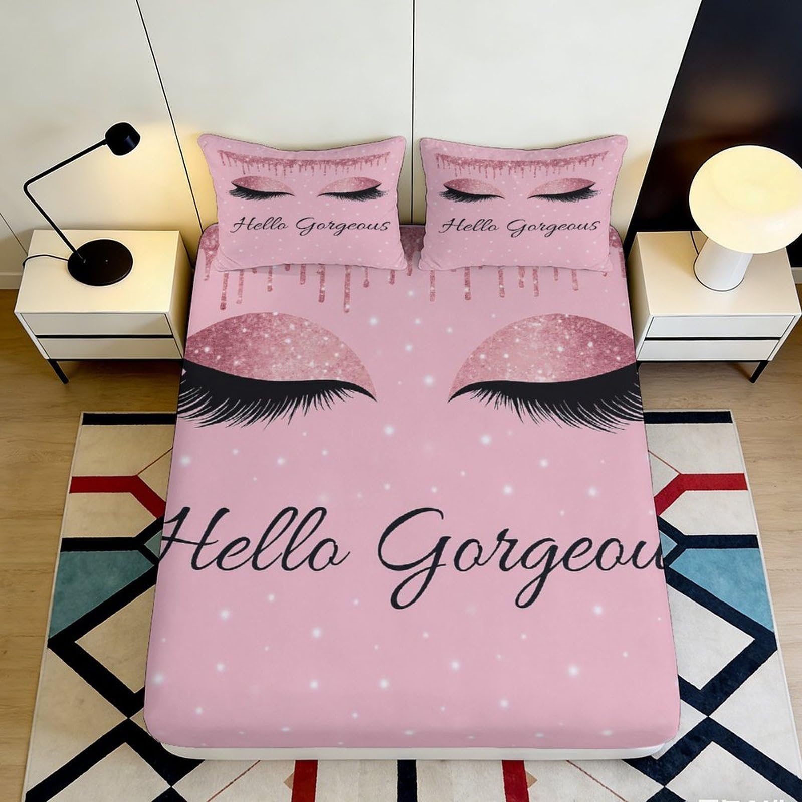 3D Printed Pink Eyelash Fitted Sheet Microfiber Soft Anti-Slip Hello Gorgeous Bed Cover for Bedroom Guest Room 90x200x25cm