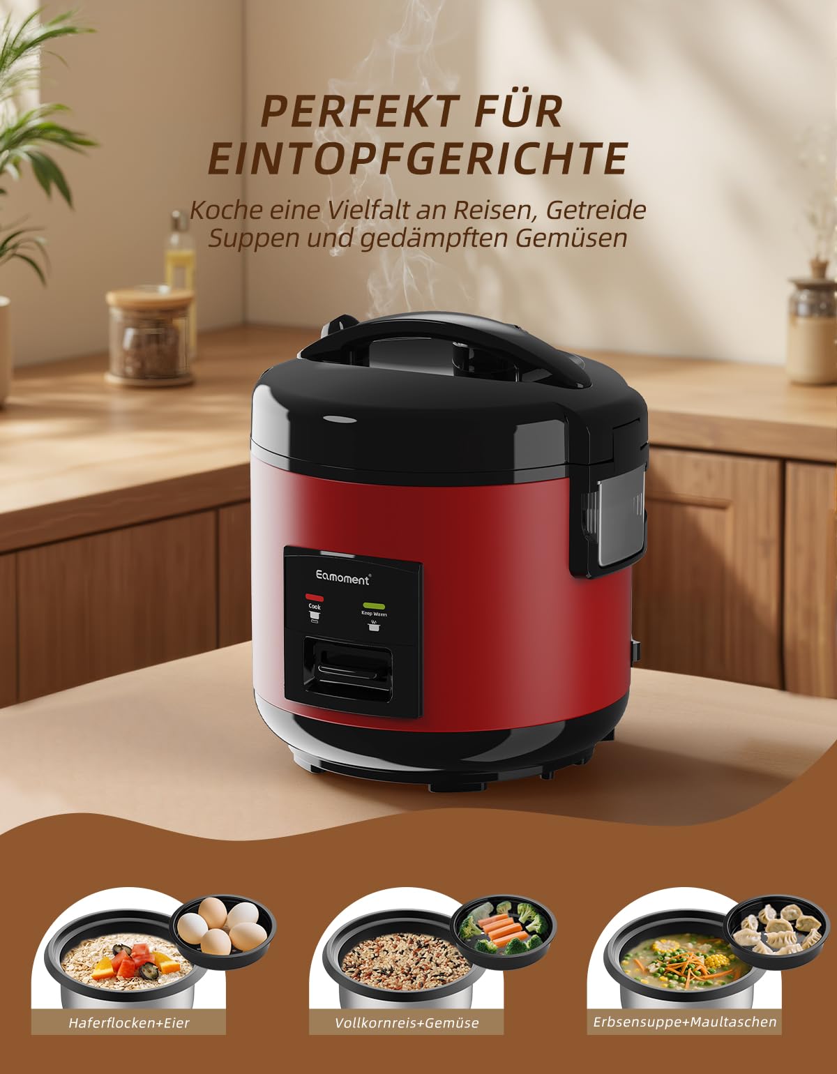 DRC-5020RD 1L|400W Cuiseurs à riz & insert vapeur (1ltr-5 tasses) Pour 1-5 personnes Cuisson rapide sans brûler marmite à revêtement antiadhésif, cuillère à riz et tasse à mesurer