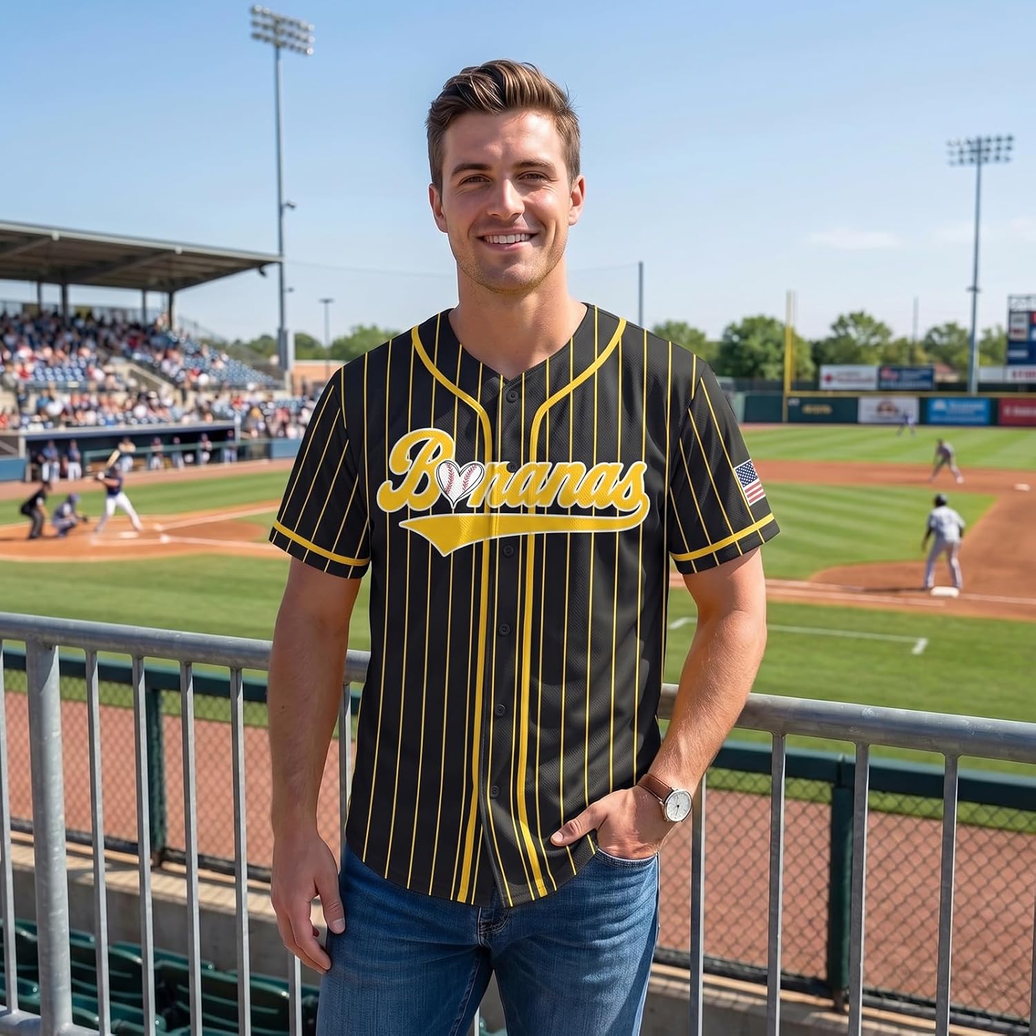 Baseball Button Up Shirt for Men Quick-Dry Graphic Baseball Game Day Fan Jersey with Left-Side Buttons