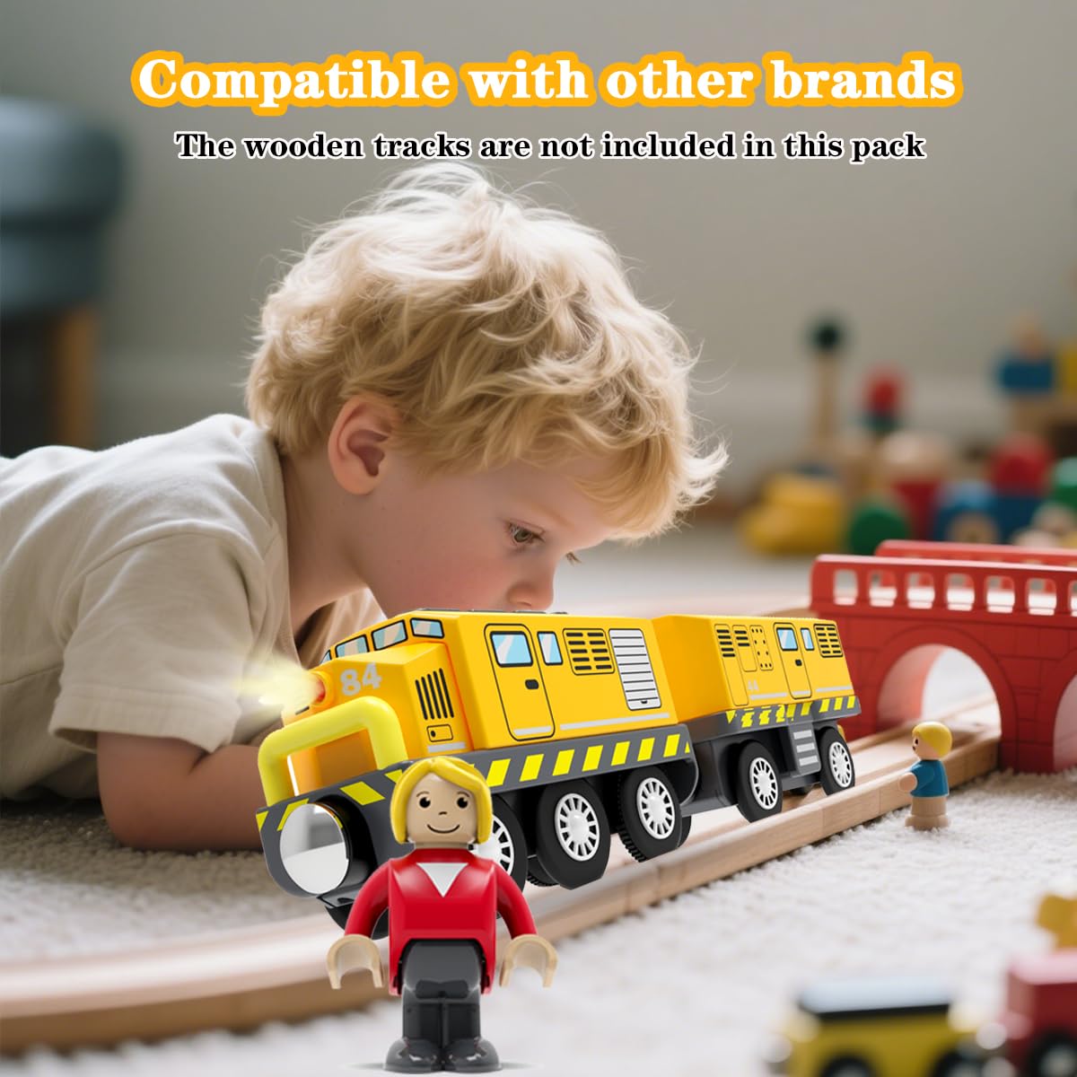 Trenino Elettrico per Bambini, Locomotiva con Suono e Luce a Batteria, Trazione Magnetica Forte, Treno Giocattolo, Compatibile con Thomas, Brio, Regalo per Bambini dai 3 Anni in Su, Giallo