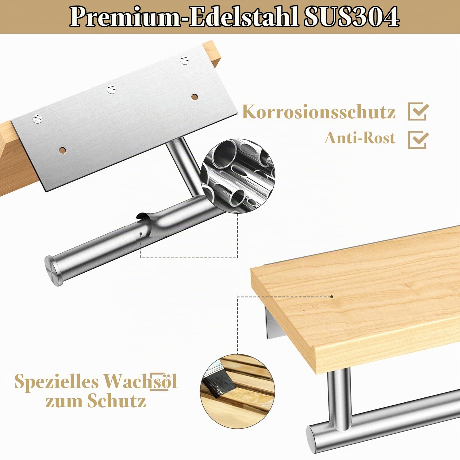 Tindbea Toilettenpapierhalter mit Holzregal, Wandbefestigter Holztoilettenpapierrollenhalter, Matt-Nickel-Edelstahl-Badezimmeraccessoires (Ahorn SUS304 Edelstahl, Gebürstetes Nickel)