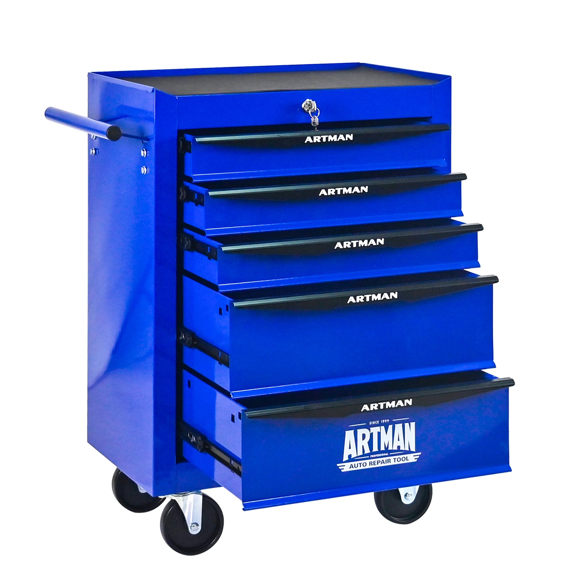 Generisch Robusto carrello portautensili con 5 cassetti con cuscinetti a sfera e 4 ruote girevoli, in acciaio, per garage e officina, colore nero/blu