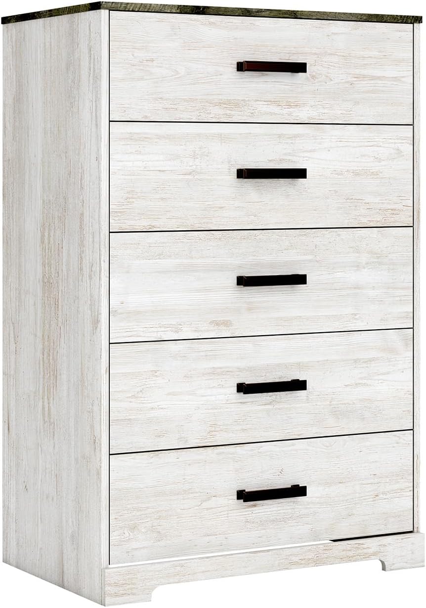 Shawburn Rustic 5 Drawer Chest of Smooth-Gliding Drawers and Safety Stop, White & Gray