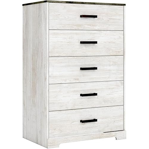 Signature Design by Ashley Shawburn Rustic 5 Drawer Chest of Smooth-Gliding Drawers and Safety Stop, White & Gray