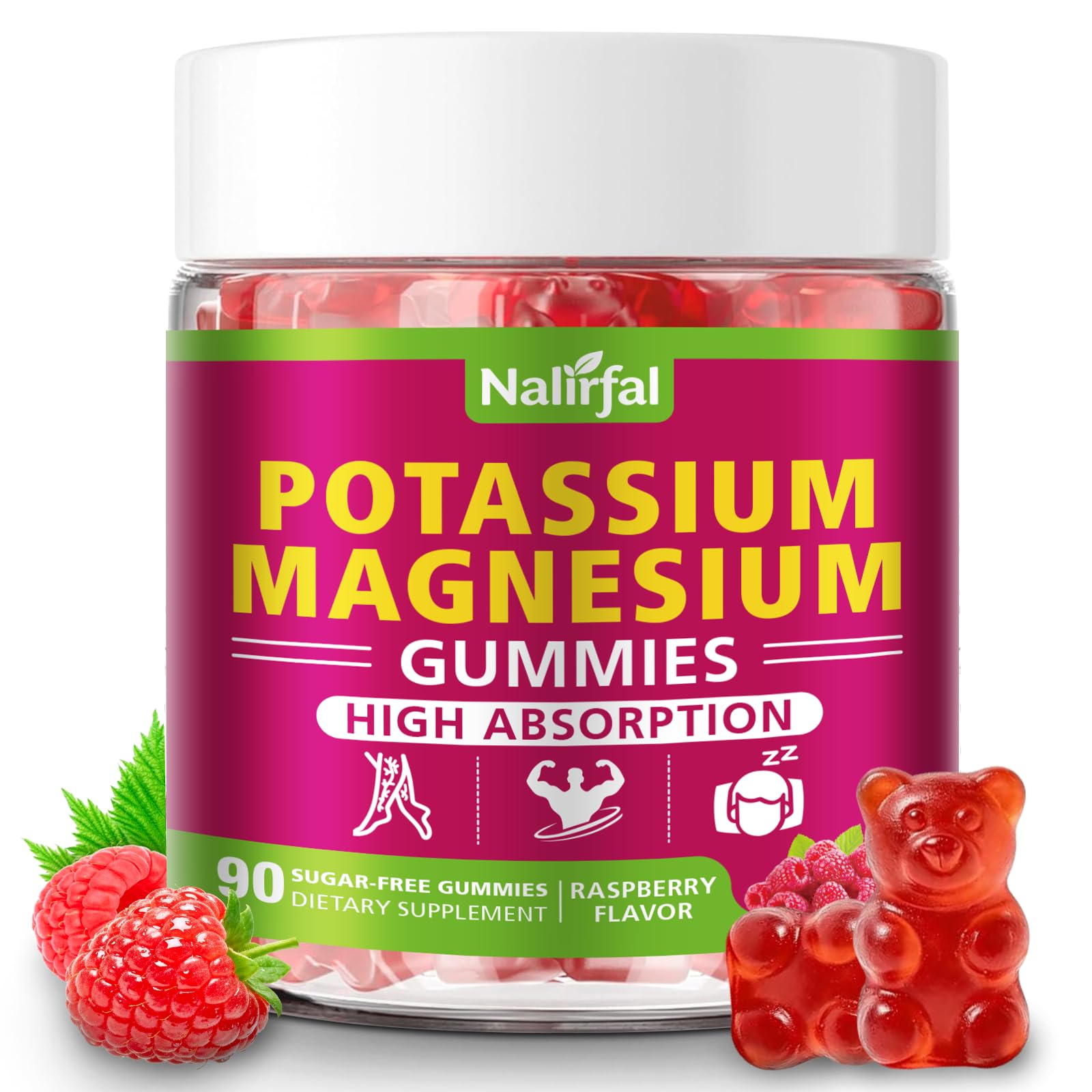 Potassium Magnesium Gummies – with High-Absorption Magnesium Glycinate, Potassium Citrate, D3 & B6, for Muscle Support & Electrolyte Balance, Vegan, Raspberry Flavor, 90 Count