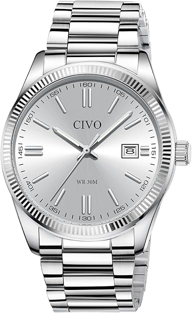 CIVO Analog Mens Watches Silver: Wrist Watches with Date Easy to Read – Dress Stainless Steel Watch for Men Gifts for Husband Father at Birthday Anniversary