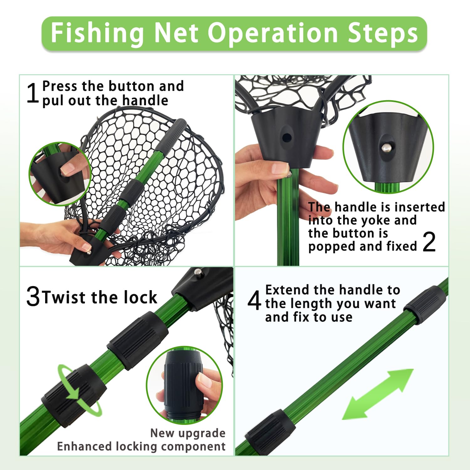 Retino da pesca in gomma con manico telescopico, reti da pesca per pesca, in lega di alluminio, manico telescopico e rete in gomma, grandi reti da pesca lunghe (verde lime)