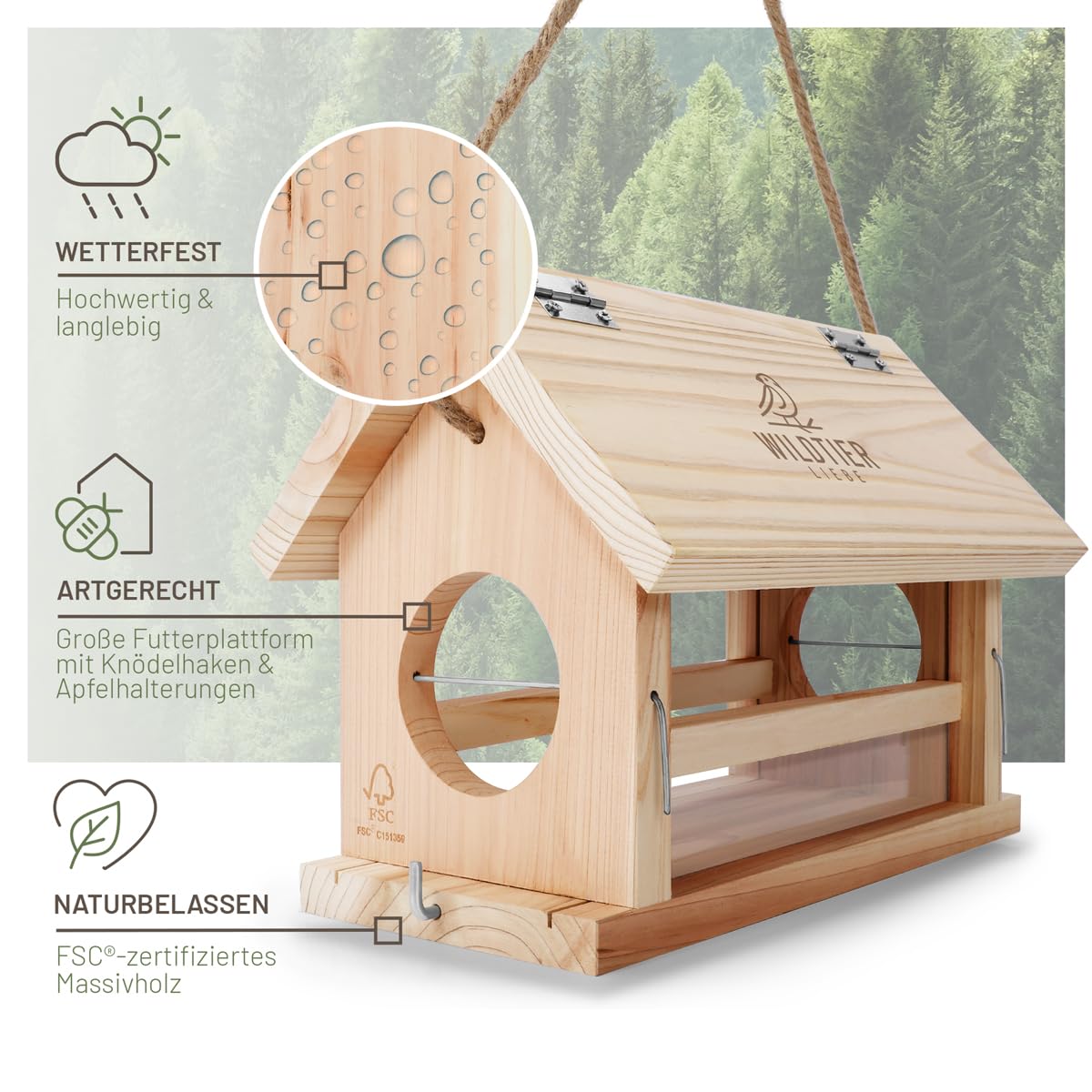 wildtier liebe Vogelfutterhaus groß aus Natur-Holz I XL Vogelhaus zum Aufhängen Wetterfest I Futterhaus Futterstation für Vögel, Vogelhäuschen, Vogel Haus