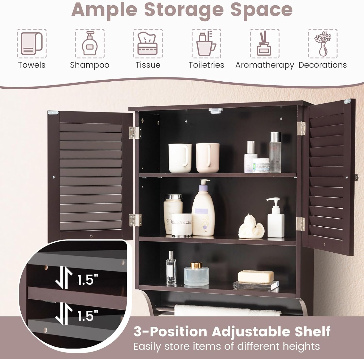 LOKO Bathroom Medicine Cabinet, Storage Cabinet with Double Louvered Doors, Wall Mounted Cabinet with Open Shelf & Towel Bar, Over The Toilet Space Saver Cabinet for Living Room Kitchen (Espresso)