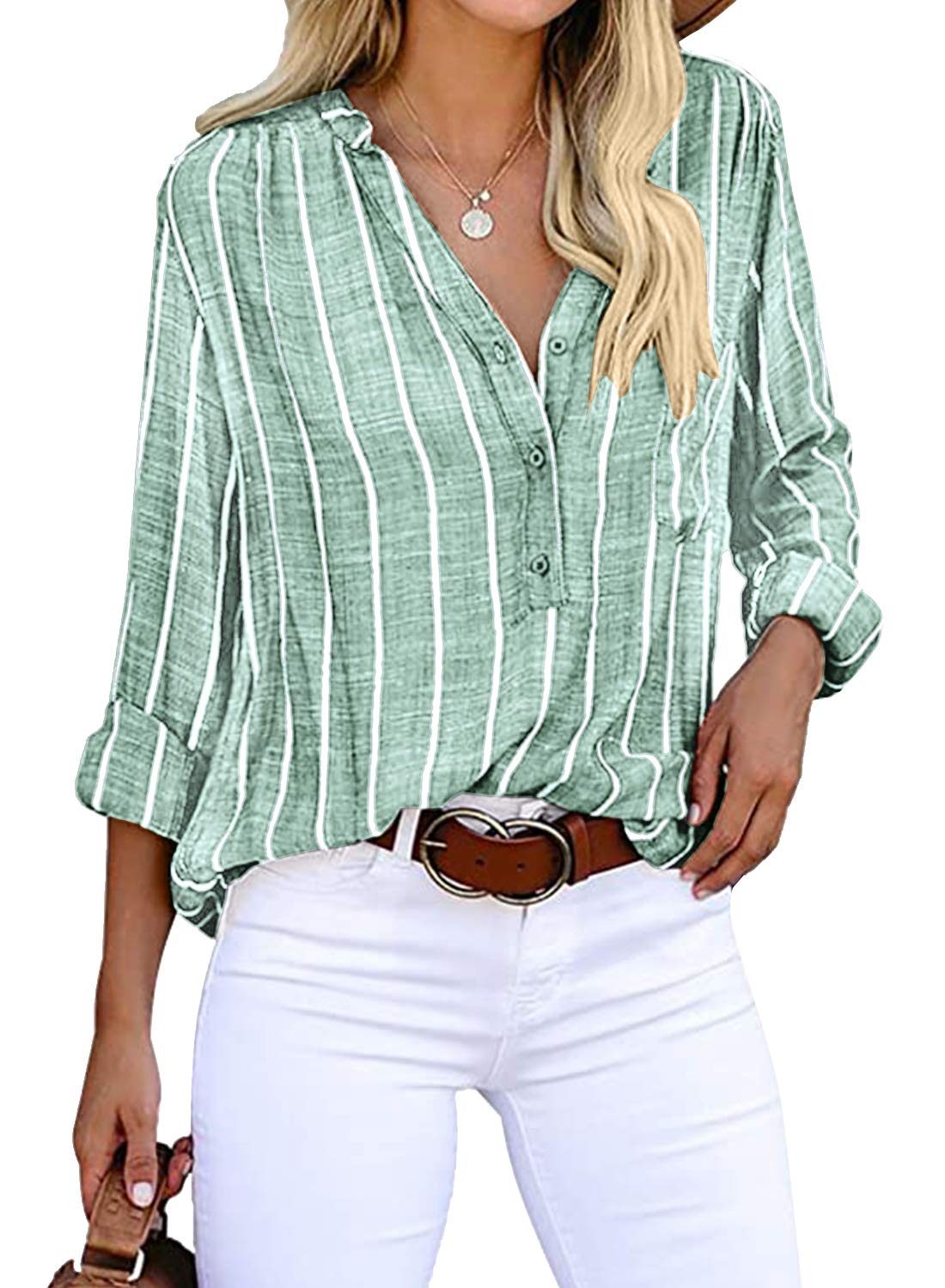 Cindeyar Women's Blouse, Long Sleeve Striped Top, Casual Long Sleeve Shirt, Loose Cotton Tunic Shirt