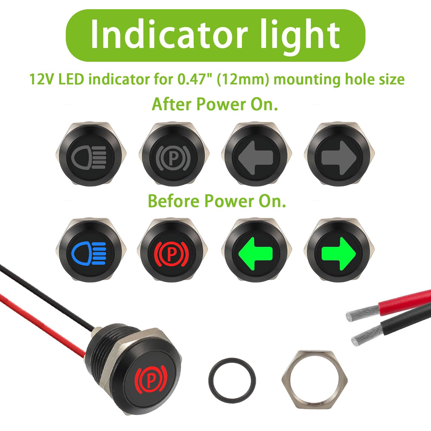 Lot De 2 Voyants LED Verts 12 Mm - IP67 étanche - Pour Moto, Voiture, Camping-car, VTT - 12-24V